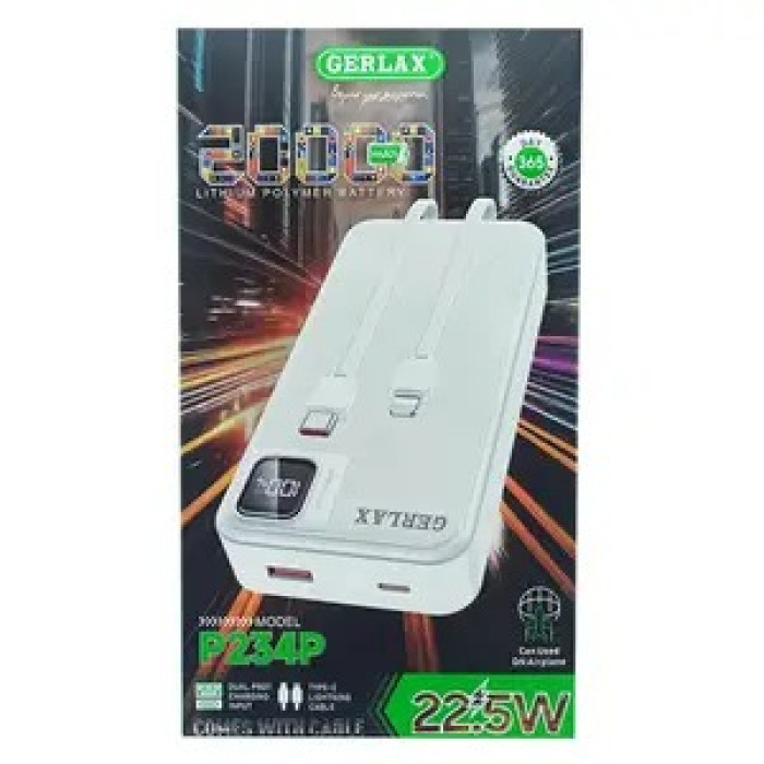 Power bank Gerlax P234P 20000mA 1USB/22.5W/PD20W/LED (type-C/lightning) білий