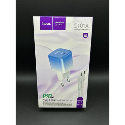 Мережевий ЗП Hoco C101A Type-C to Type-C PD20W (Блакитний)