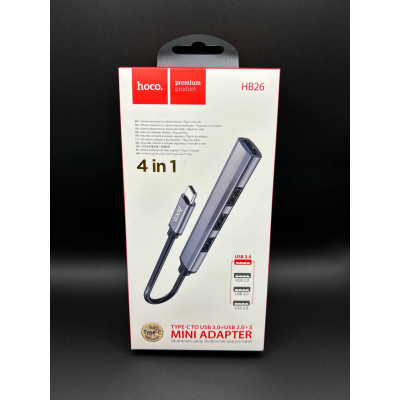 USB-C ХАБ Hoco HB26 4in1 (Type-C to USB3.0+USB2.0*3) (Сірий)