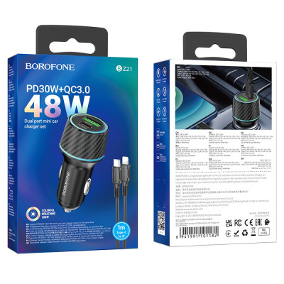 Авто адаптер Borofone BZ21 Brilliant PD30W+QC3.0 48W (Чорний)