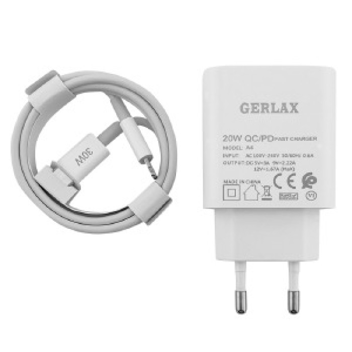 Мережевий ЗП Gerlax A4L Type-C to Lightning 3A/PD20W (Комплект)