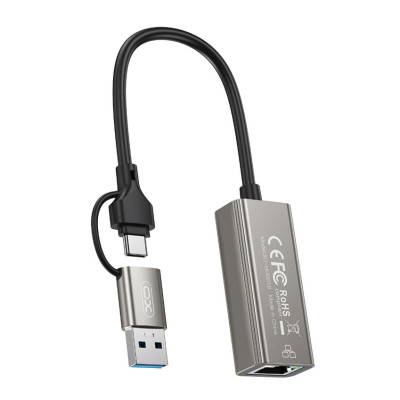 USB-HUB XO HUB018 USB to Type-C 2-in-1 RJ45 1m (Сірий)