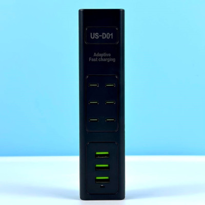 HUB (Подовжувач) US-D01 28W 6PD + 3USB 5.6A від розетки 110-265V (1м) (Чорний)