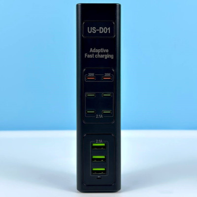 HUB (Подовжувач) US-D01 50W 6PD + 3USB (2PD40W) від розетки 110-265V (1м) (Чорний)