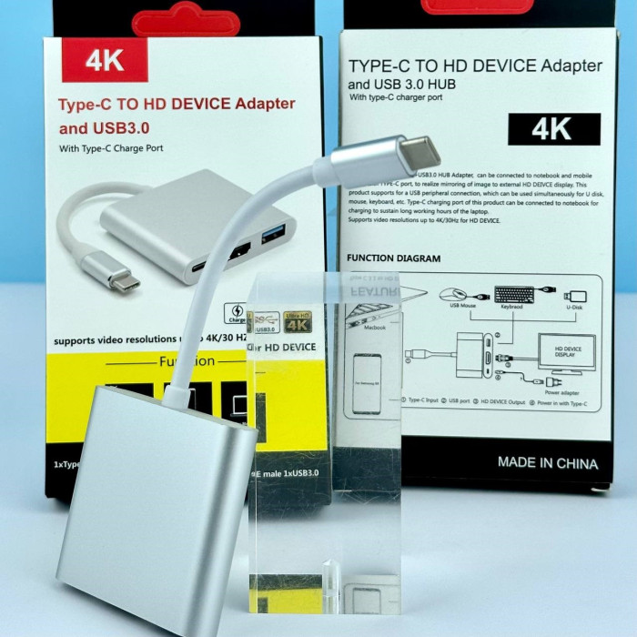 Перехідник 4K Type-C to HD Device 3 в 1 (HDMI+USB3.0+Type-C) (Білий)